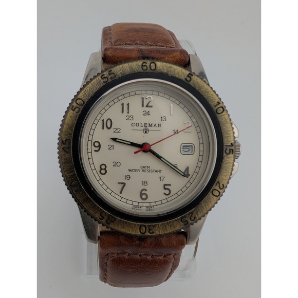 Coleman Watch Men 39mm Silver Case Brown Leather Band Date- New Battery - Picture 1 of 9